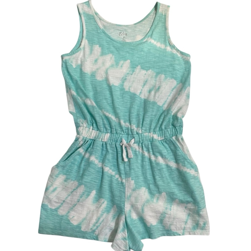 Justice Romper Shorts Tank Style Aqua and White Tie-Dye Size 12/14 Large Girls